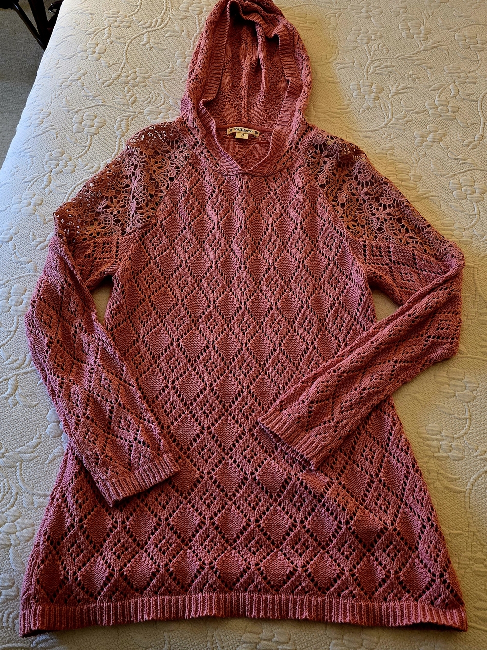 Women’s Hooded Open-Knit Sweater - Dark Peach